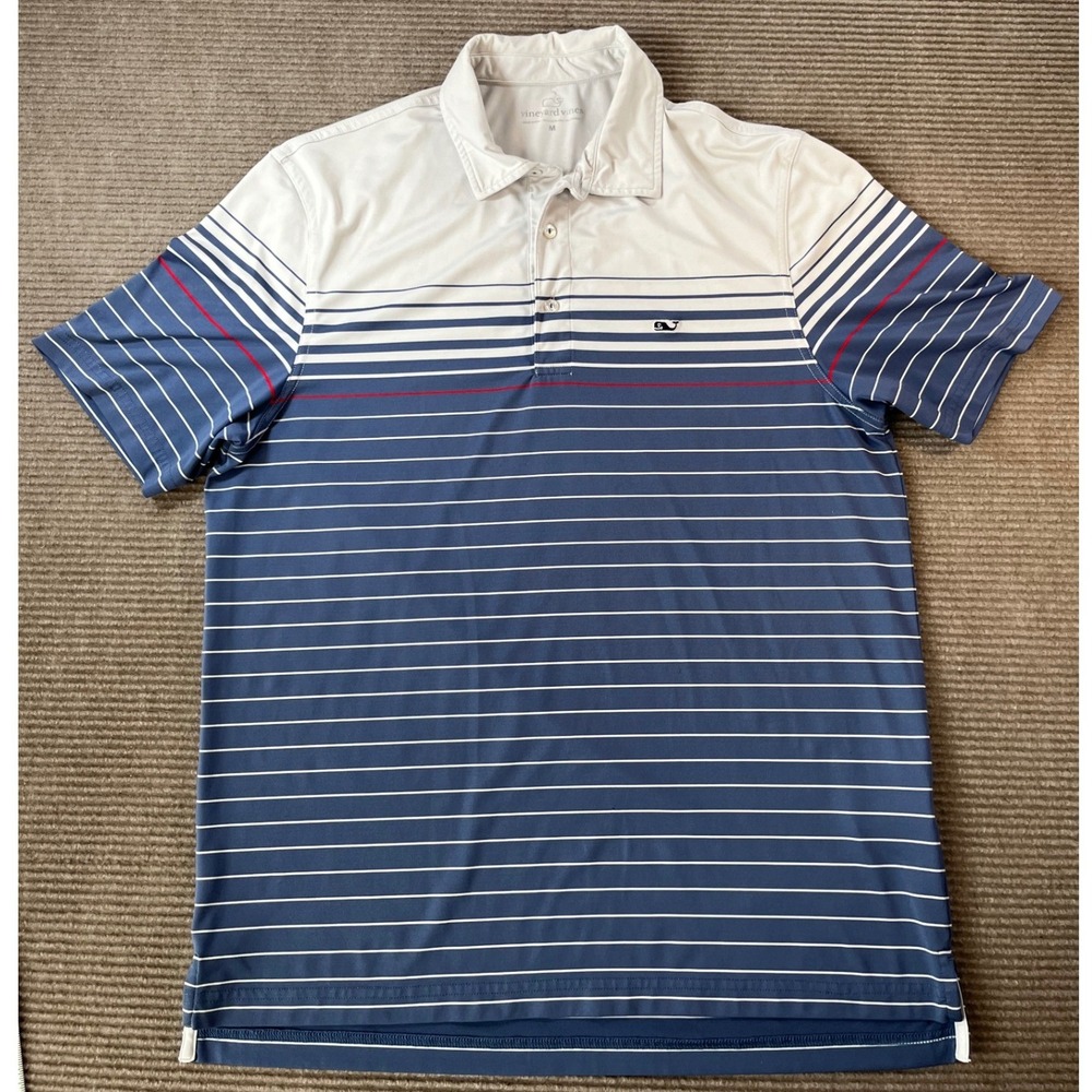 Vineyard Vines Mens Performance Polo Shirt Blue White Striped Size M Golfwear
